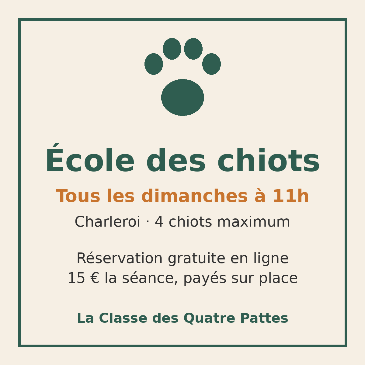 École des chiots – Réservez votre place (dimanche 11h, Charleroi)