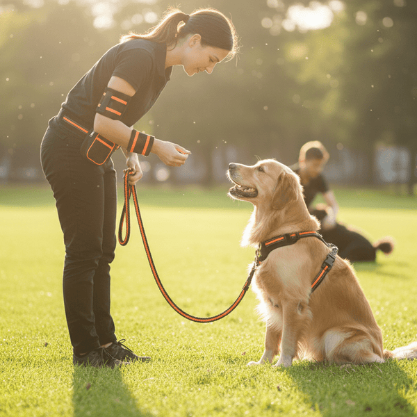 Ensemble de traction réfléchissant pour chien en nylon noir et orange.