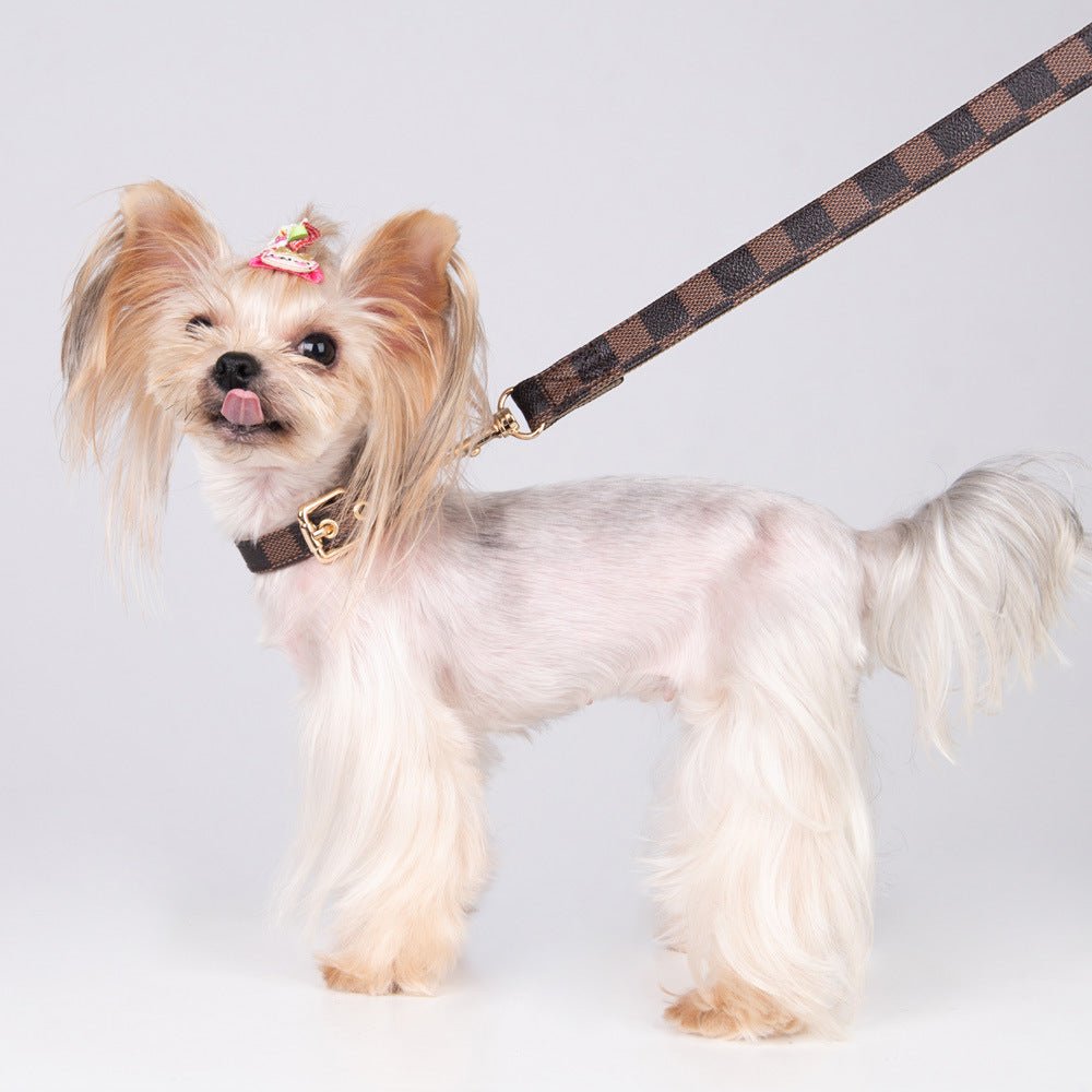 Pet Dog PU Collar and Leash Set - Coffee Plaid Style / L Collar Hand Holding Rope La classe des quatre pattes |