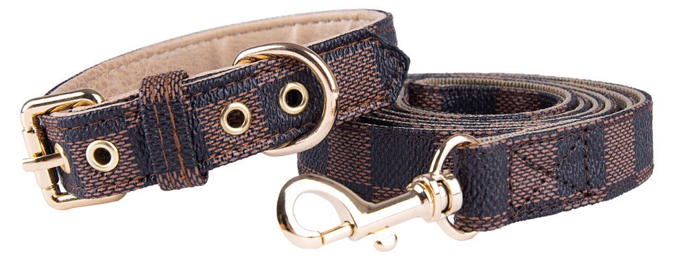 Pet Dog PU Collar and Leash Set - Coffee Plaid Style / S Collar Hand Holding Rope La classe des quatre pattes |
